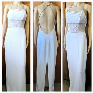 Formal Dress White Rhinestone Glass Studded Waist & Straps Maxi Bodycon Size 0